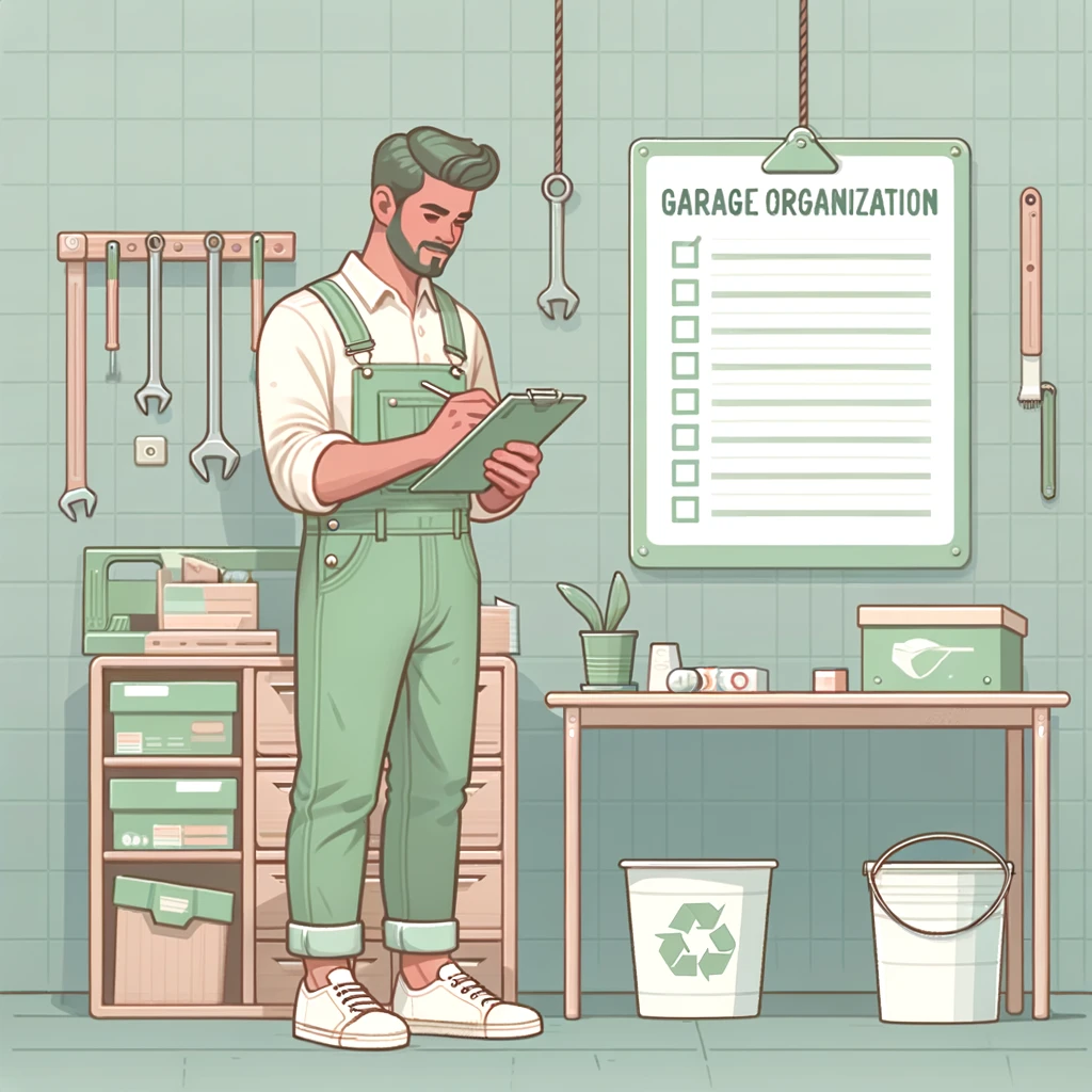 A man is standing in a garage with a checklist, tracking his goals. Garage Cleaning Tips for the Overwhelmed: set clear goals.