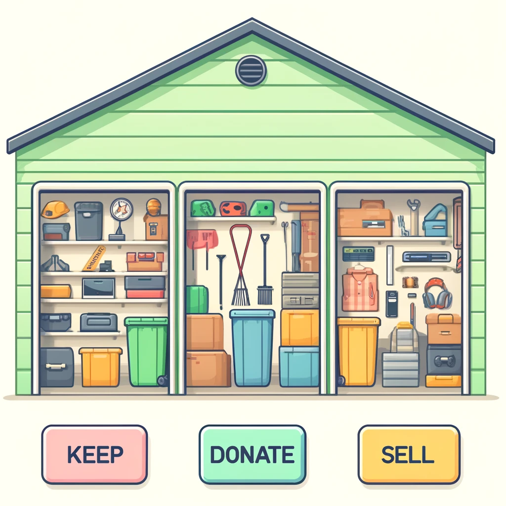 A garage is being sorted into keep, donate, and sell by someone who is decluttering to maximize storage space. Garage Cleaning Tips for the Overwhelmed: declutter and sort.
