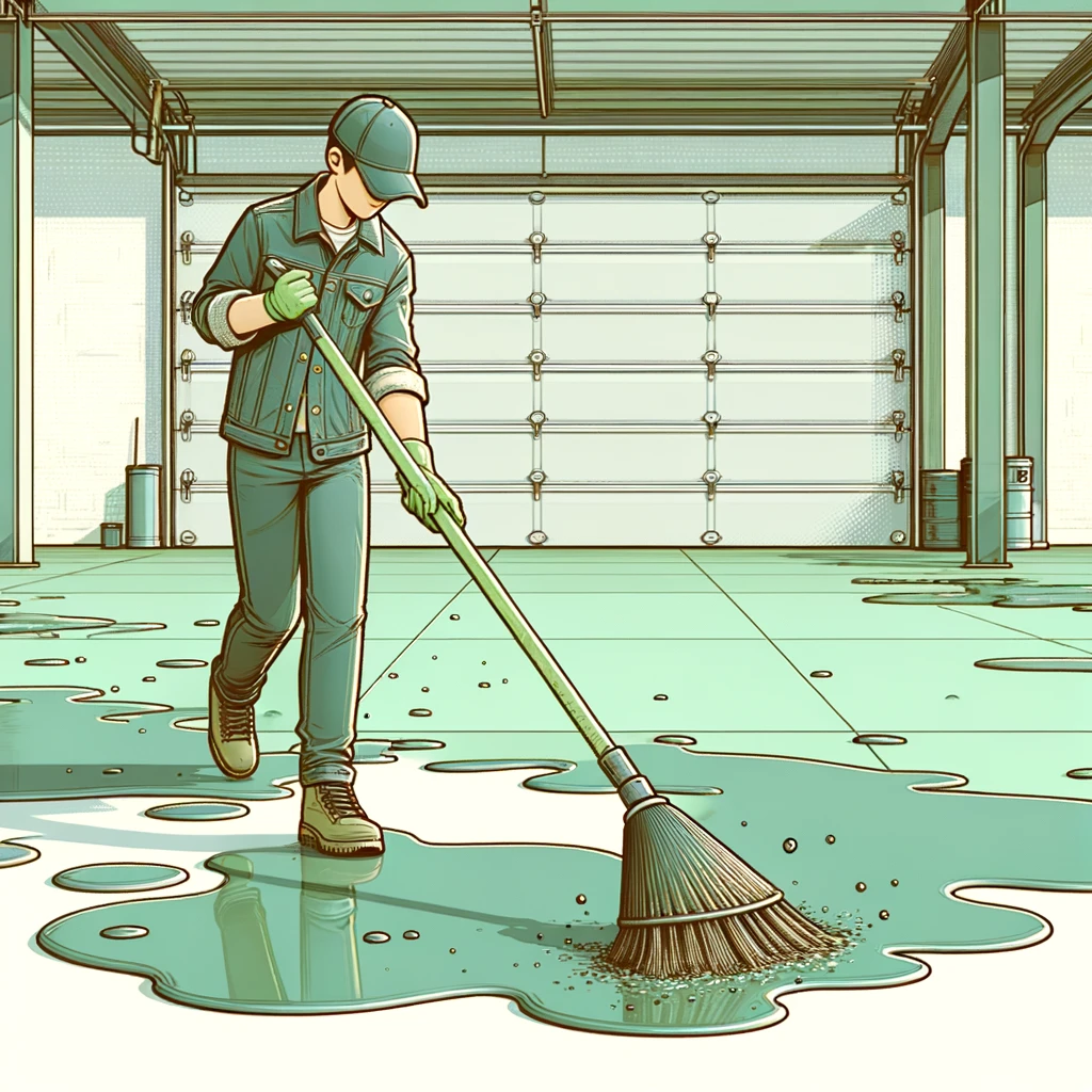 Someone is sweeping and mopping their garage floor. They inquired on garage cleaning tips for the overwhelmed.