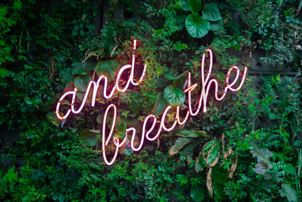 A plant wall with a pink neon sign that reads in cursive, ;just breathe'.