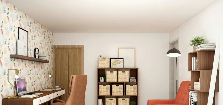 An office with white walls and mute, earth toned furniture. Office cleaning tips have been implemented, as neatly organized boxes are on shelves.